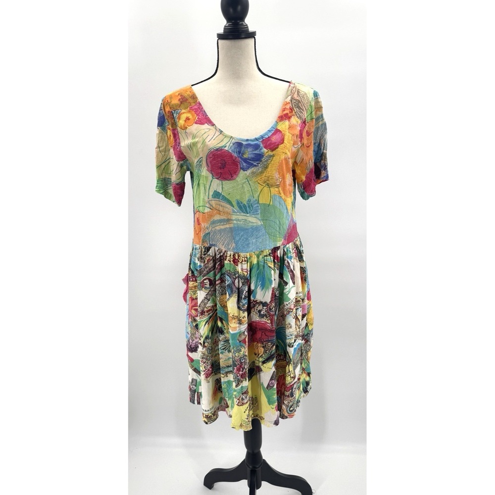 VTG Y2K Jams World Hattie Dress Medium Tropical Floral Mixed Media Euro Summer